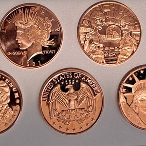 (Set of 5) 1 Oz .999 Fine Copper Coin Set. New Uncirculated. Mint. 39mm Dia.
